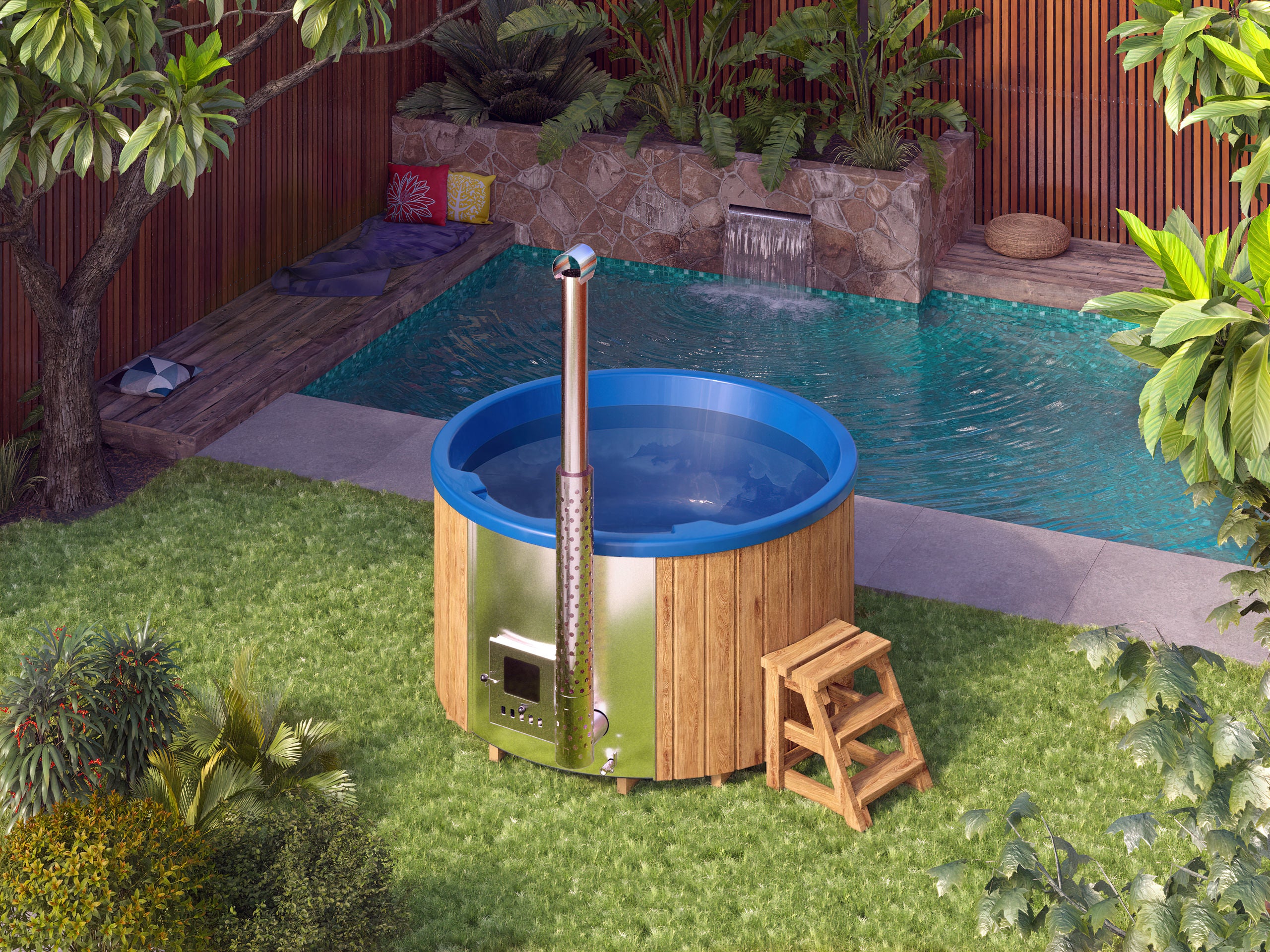 Pyöreä kylpytynnyri integroidulla kamiinalla