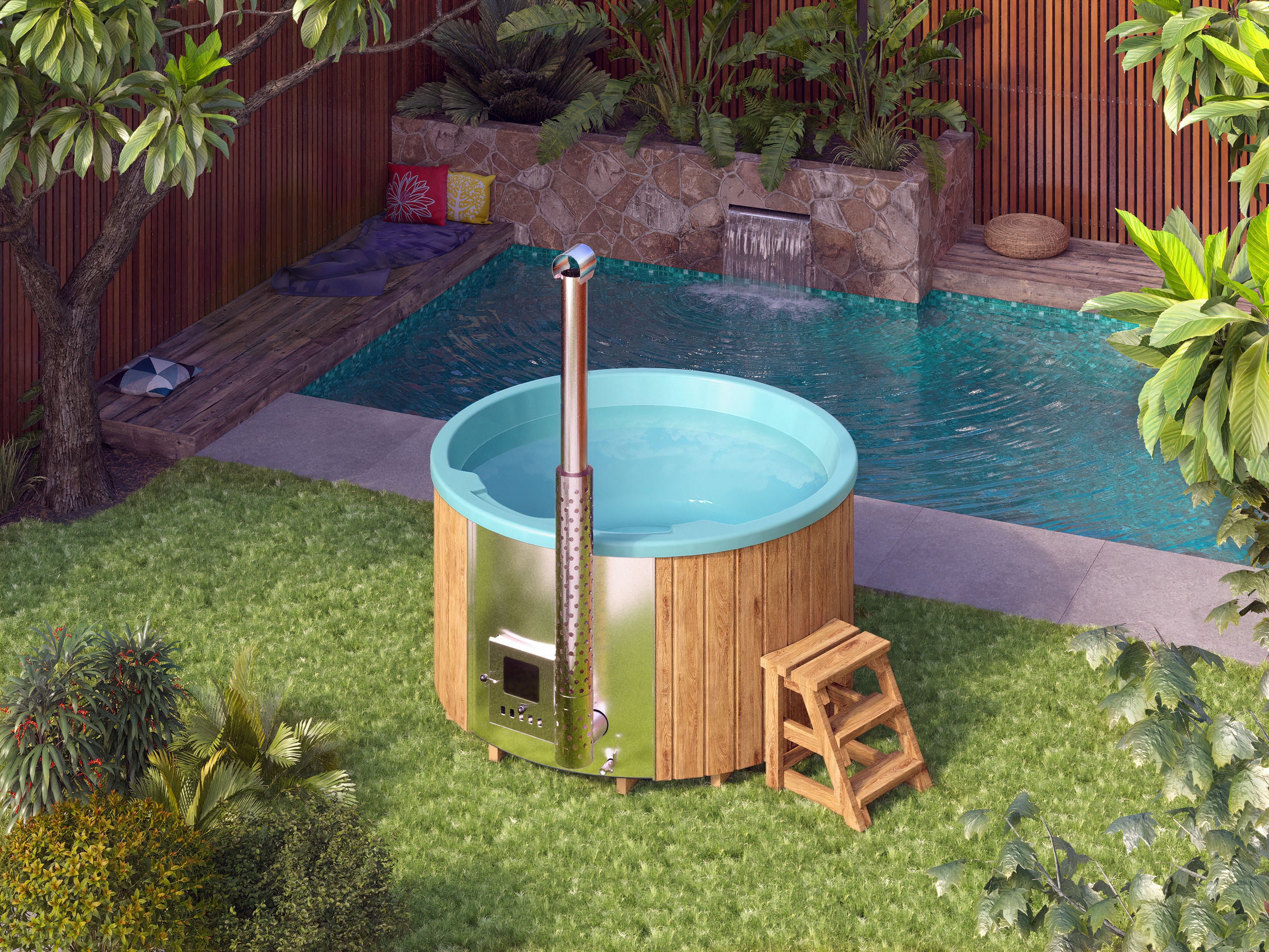 Pyöreä kylpytynnyri integroidulla kamiinalla