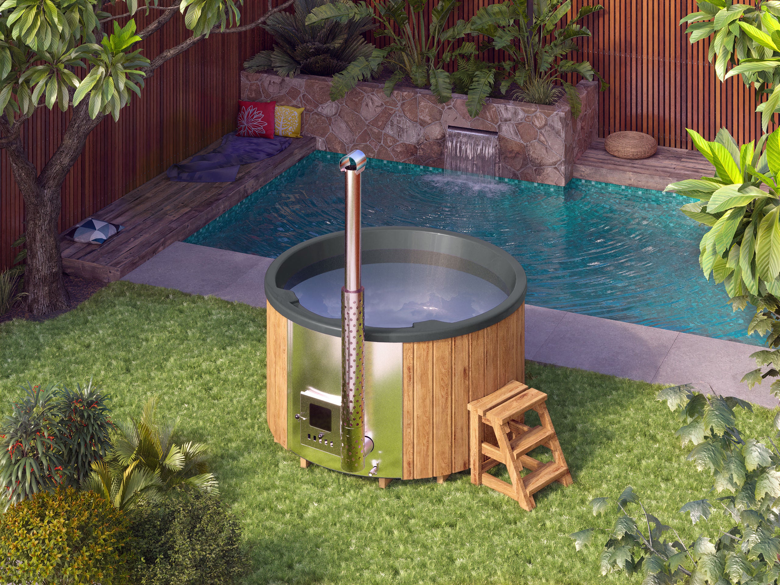 Pyöreä kylpytynnyri integroidulla kamiinalla