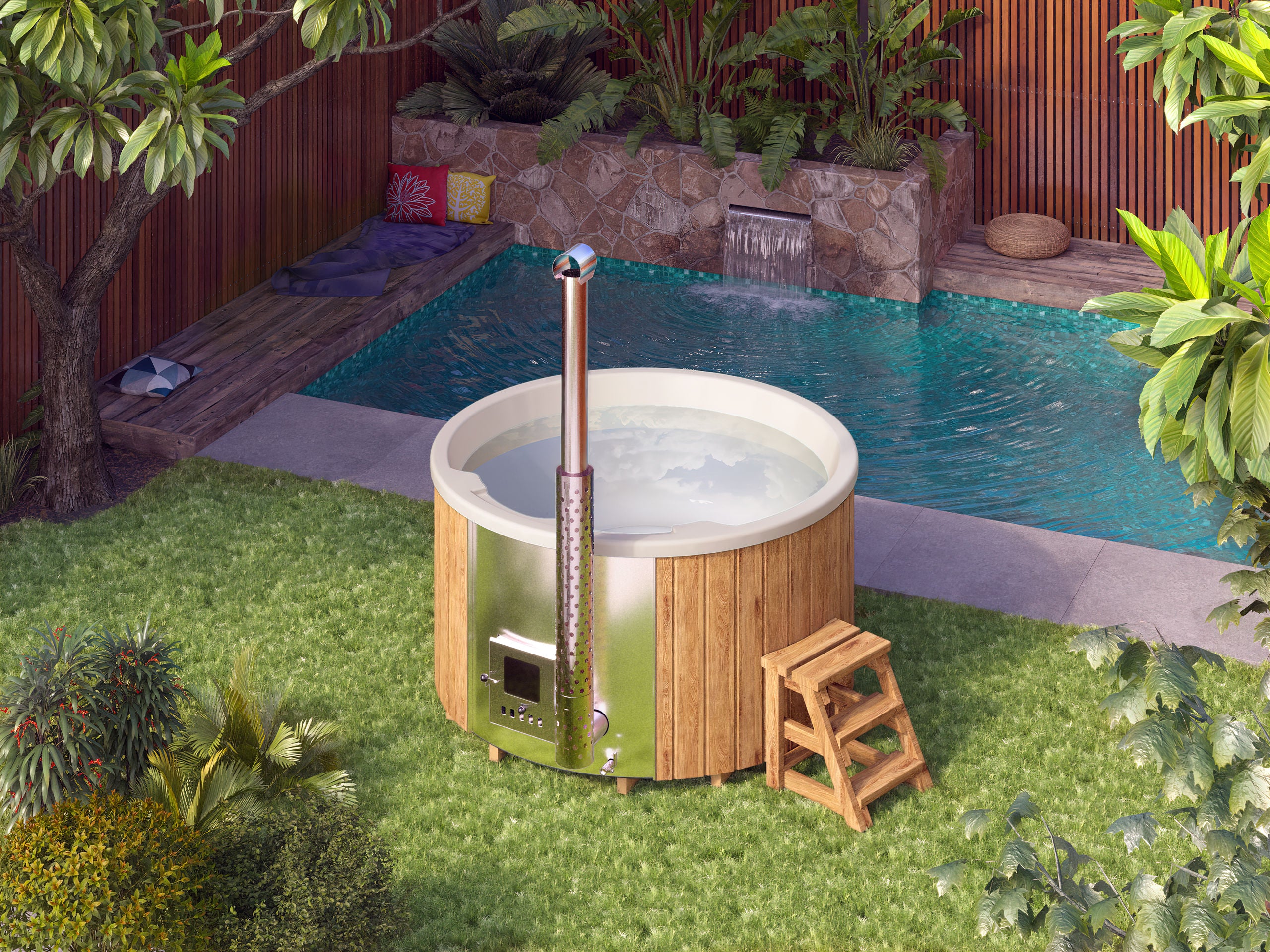 Pyöreä kylpytynnyri integroidulla kamiinalla