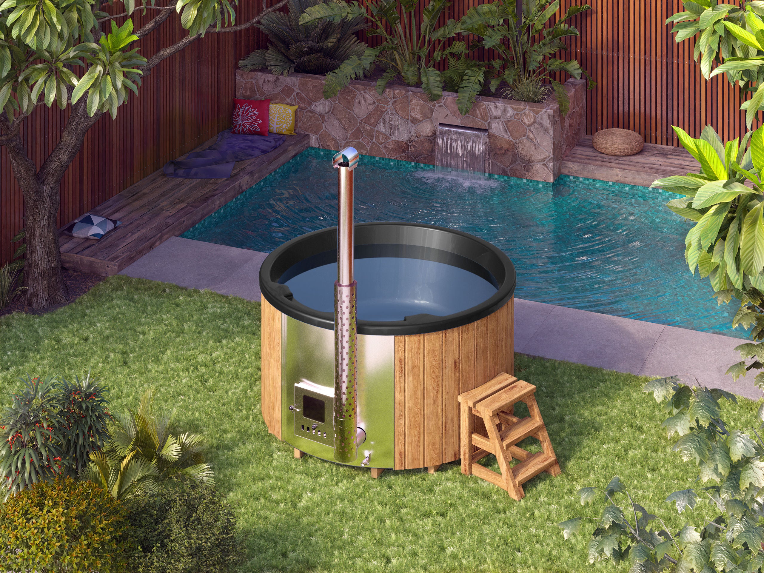 Pyöreä kylpytynnyri integroidulla kamiinalla