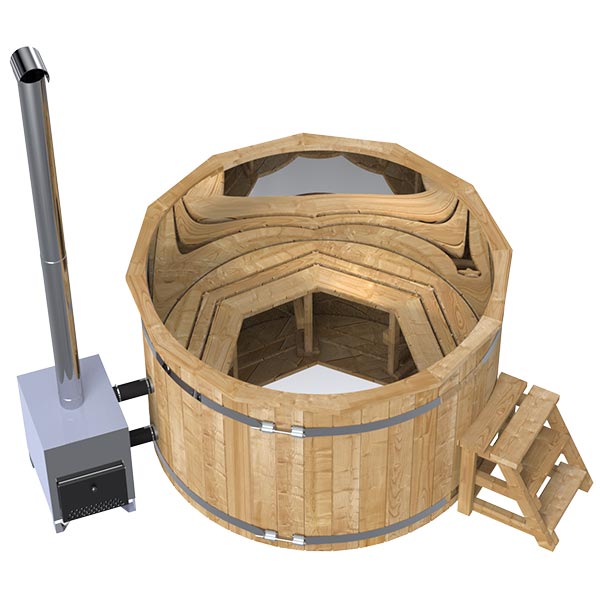 Kylpytynnyri ruostumattomasta teräksestä ulkokamiinalla